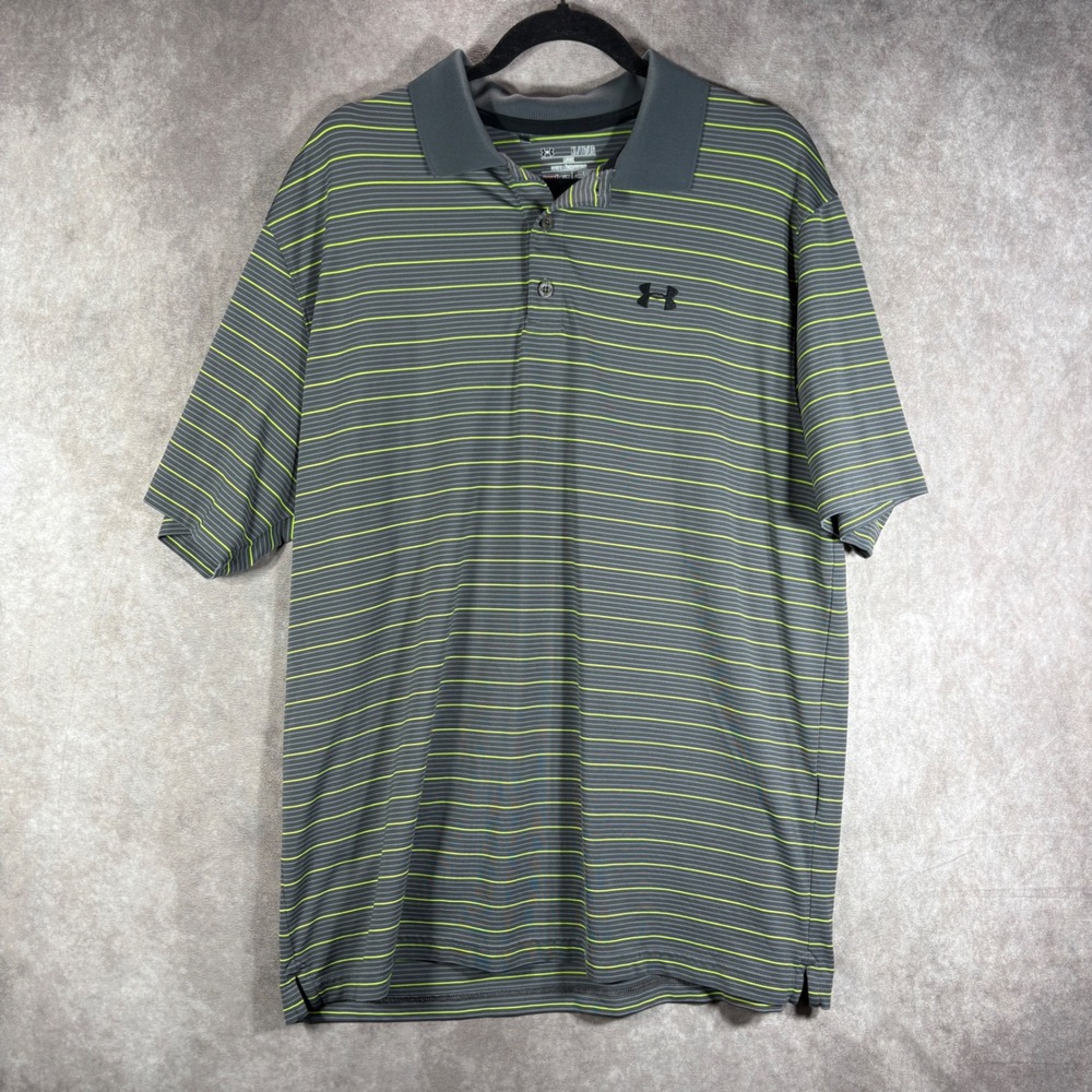 Under Armour Polo Shirt Mens Size XL Gray Green HeatGear Loose Fit Striped‎ Golf